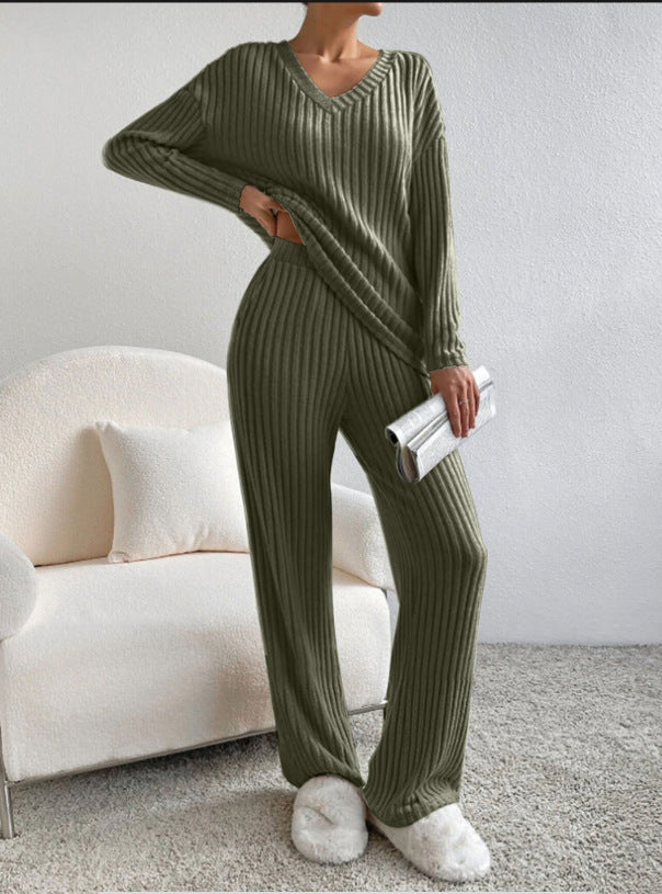 Ribbed Knit V Neck Wide Leg Lounge Set - DkGreen