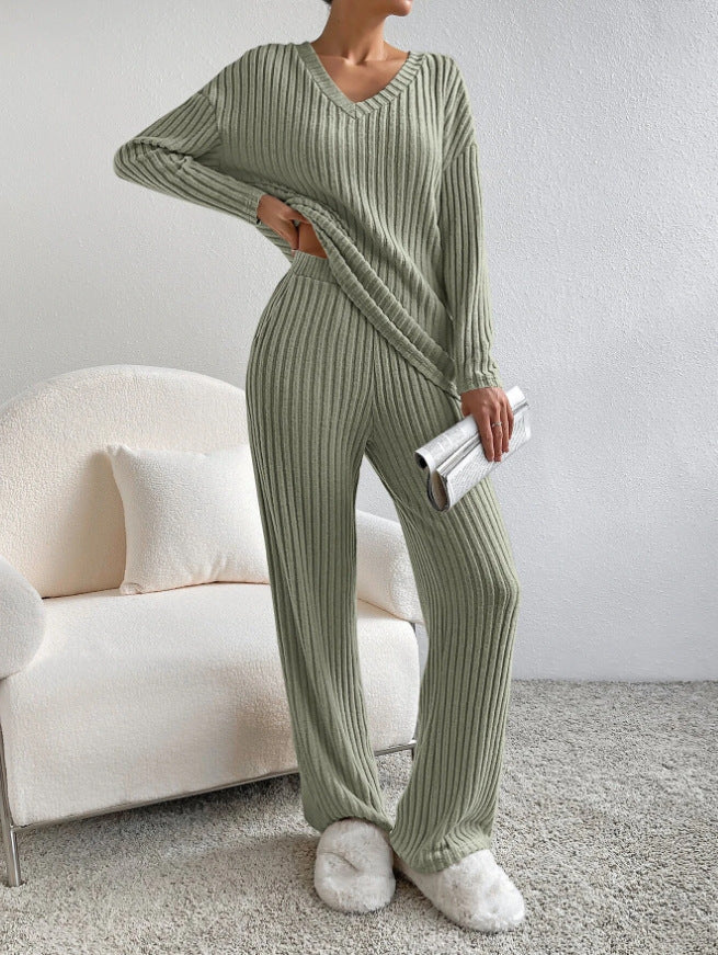 Ribbed Knit V Neck Wide Leg Lounge Set - Green