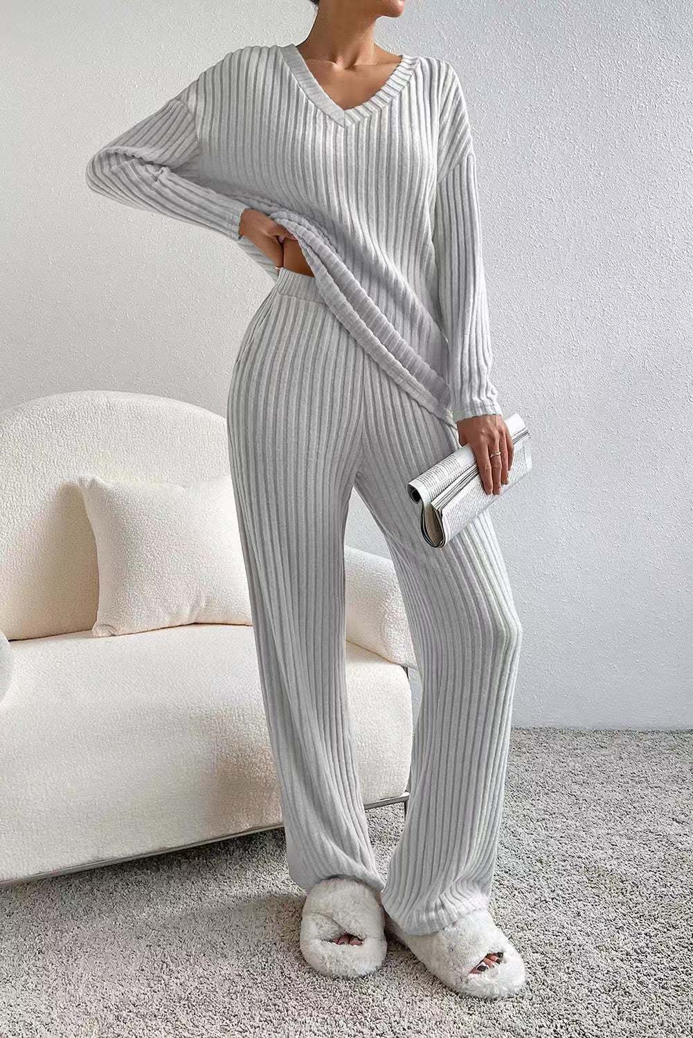 Ribbed Knit V Neck Wide Leg Lounge Set - Grey