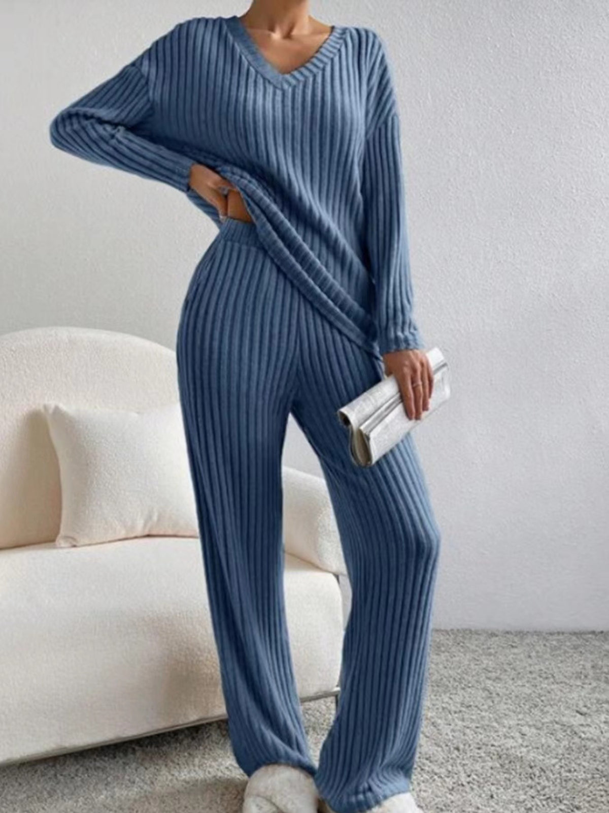 Ribbed Knit V Neck Wide Leg Lounge Set - Navy