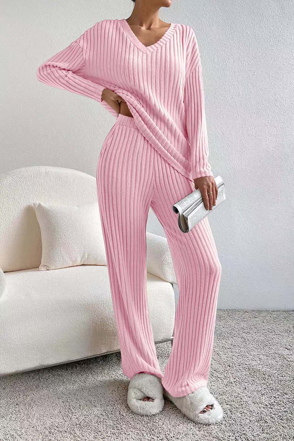 Ribbed Knit V Neck Wide Leg Lounge Set - Pink