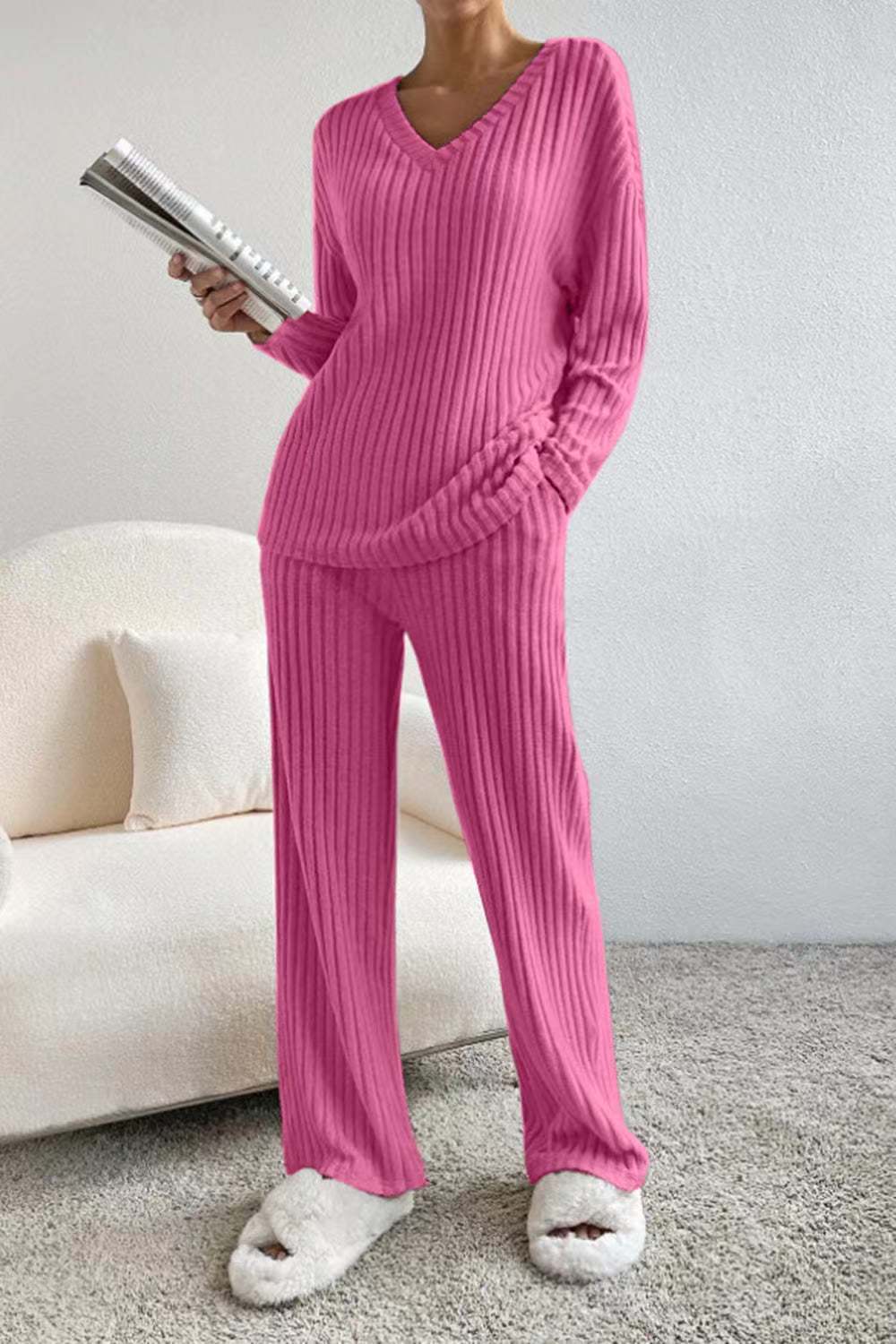 Ribbed Knit V Neck Wide Leg Lounge Set - Rose