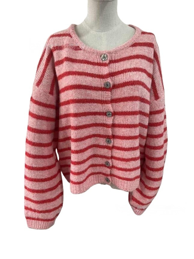 Striped Crew Neck Button Front Knit Cardigan - Pink - 2