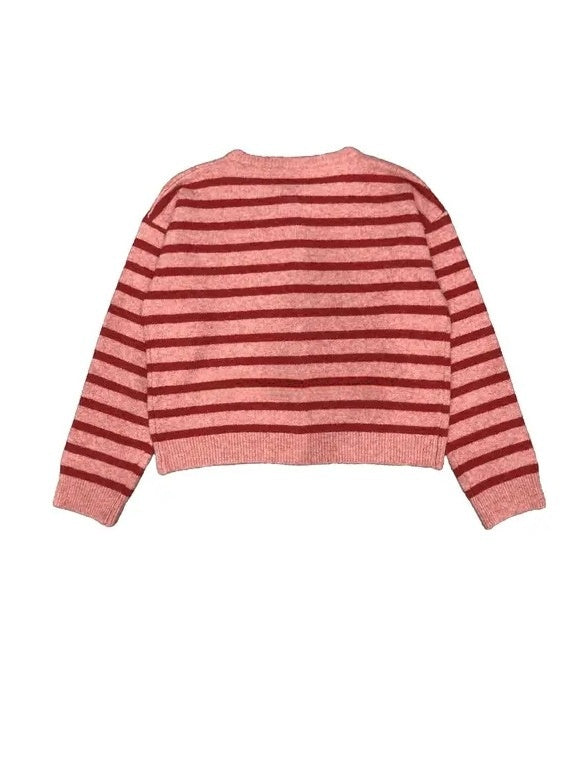 Striped Crew Neck Button Front Knit Cardigan - Pink - 3