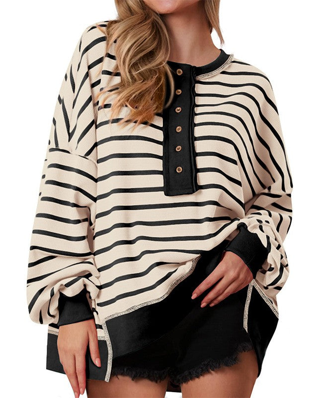 Striped Henley Colorblock Oversized Sweatshirt - Apricot