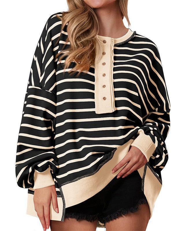Striped Henley Colorblock Oversized Sweatshirt - Black - 1
