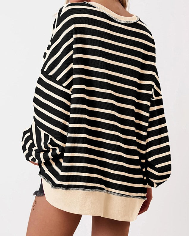 Striped Henley Colorblock Oversized Sweatshirt - Black - 2