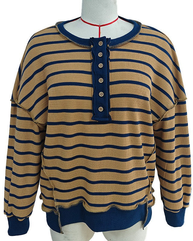 Striped Henley Colorblock Oversized Sweatshirt - Black - 3