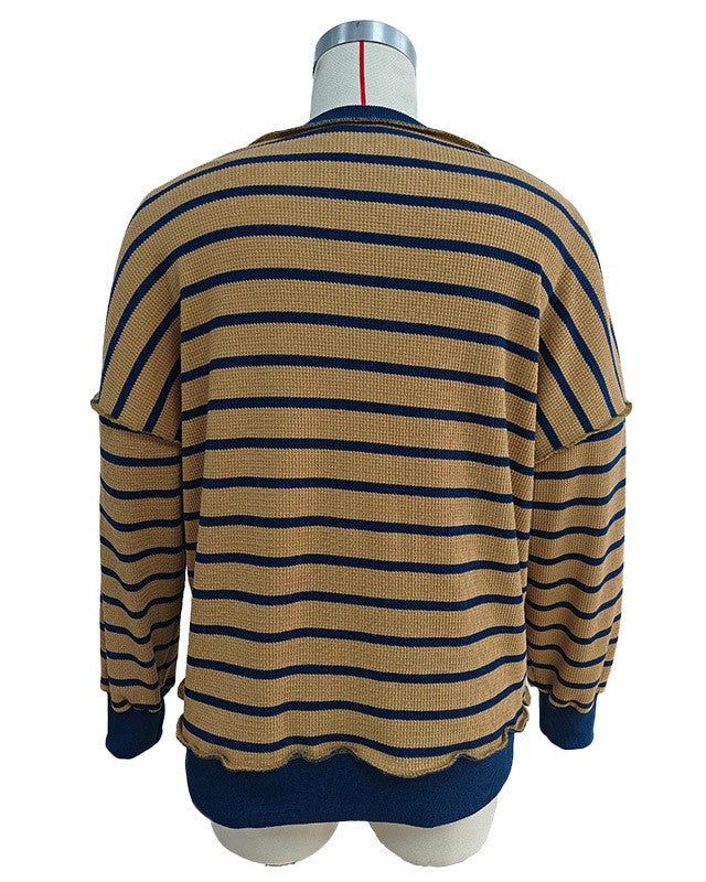 Striped Henley Colorblock Oversized Sweatshirt - Black - 4