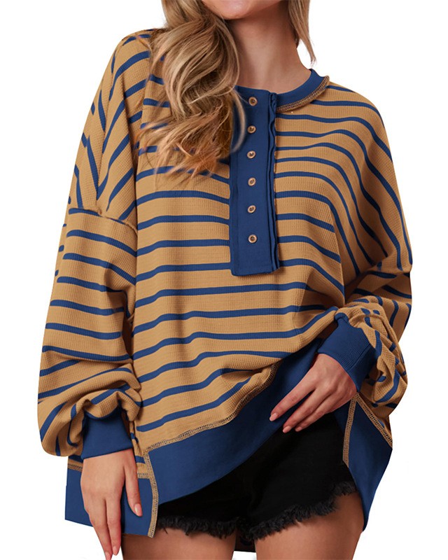 Striped Henley Colorblock Oversized Sweatshirt - Camel