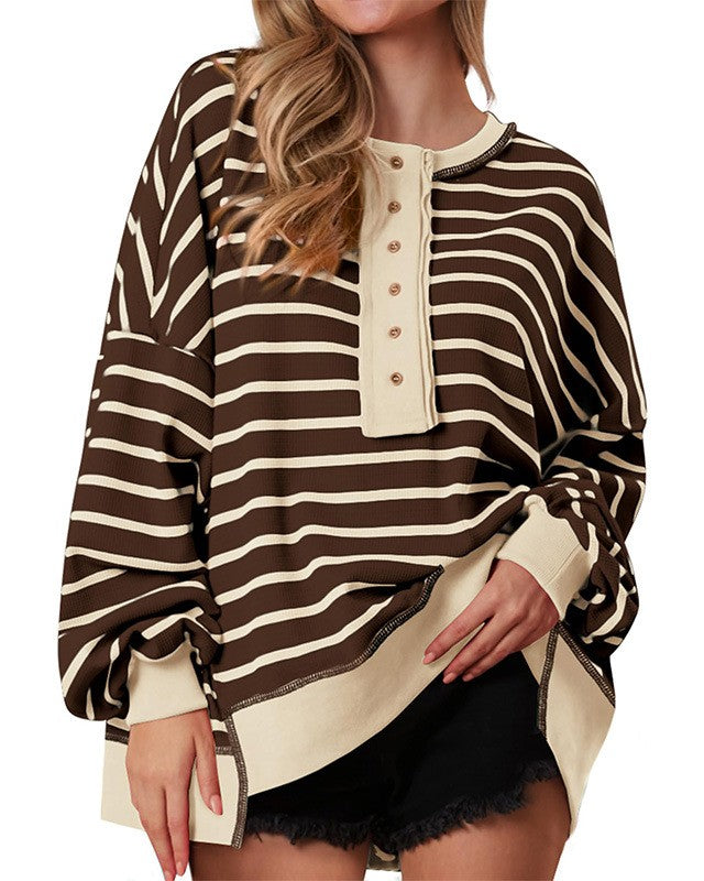 Striped Henley Colorblock Oversized Sweatshirt - Coffee
