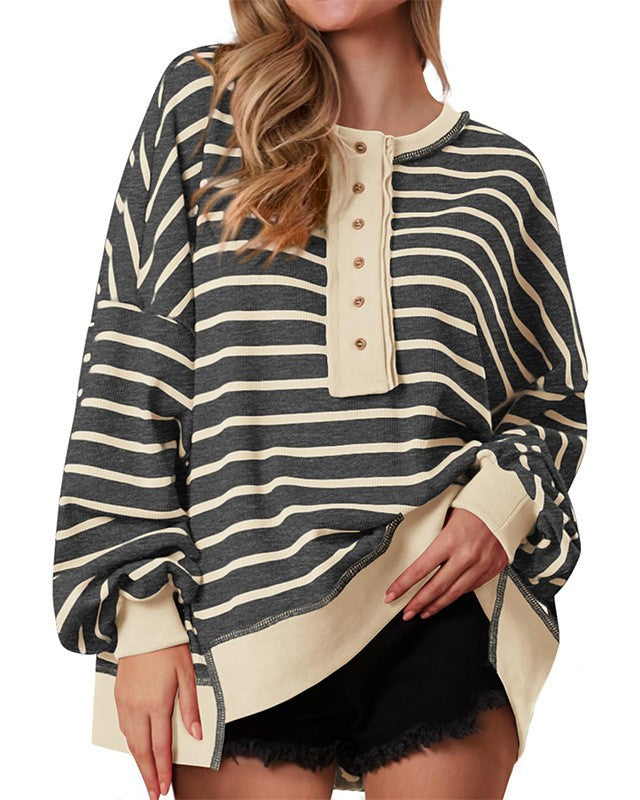 Striped Henley Colorblock Oversized Sweatshirt - Dark-Grey