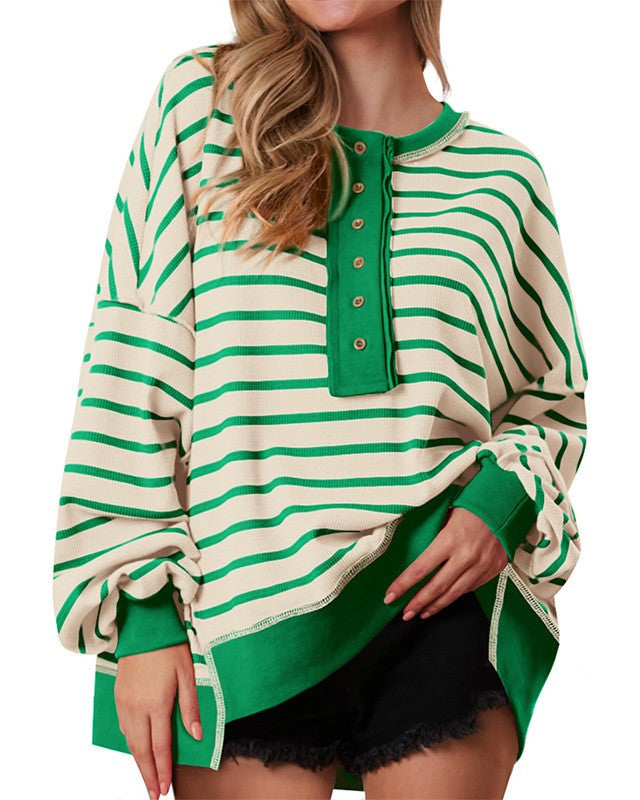 Striped Henley Colorblock Oversized Sweatshirt - Green