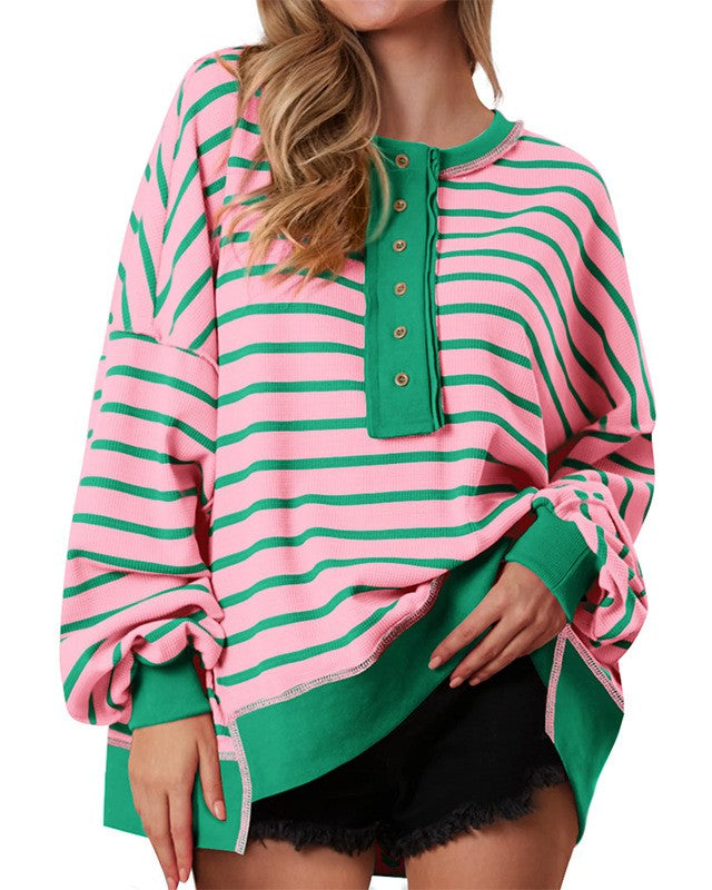 Striped Henley Colorblock Oversized Sweatshirt - Pink