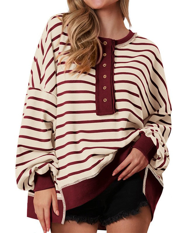 Striped Henley Colorblock Oversized Sweatshirt - Red