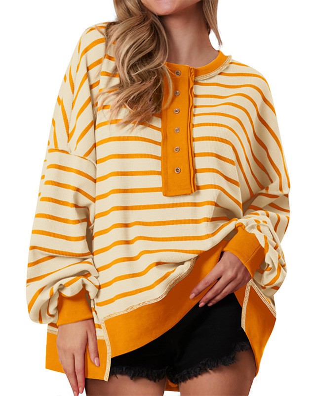 Striped Henley Colorblock Oversized Sweatshirt - Yellow