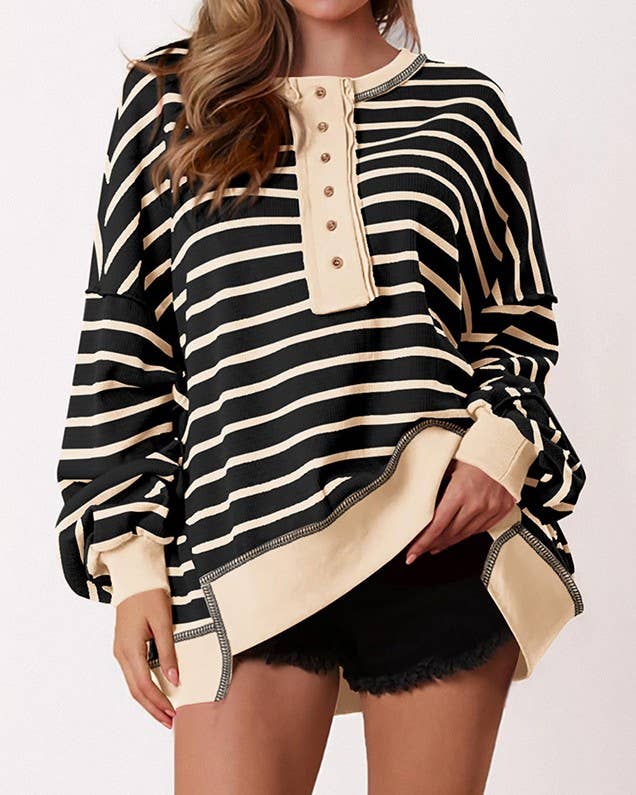Striped Henley Colorblock Oversized Sweatshirt