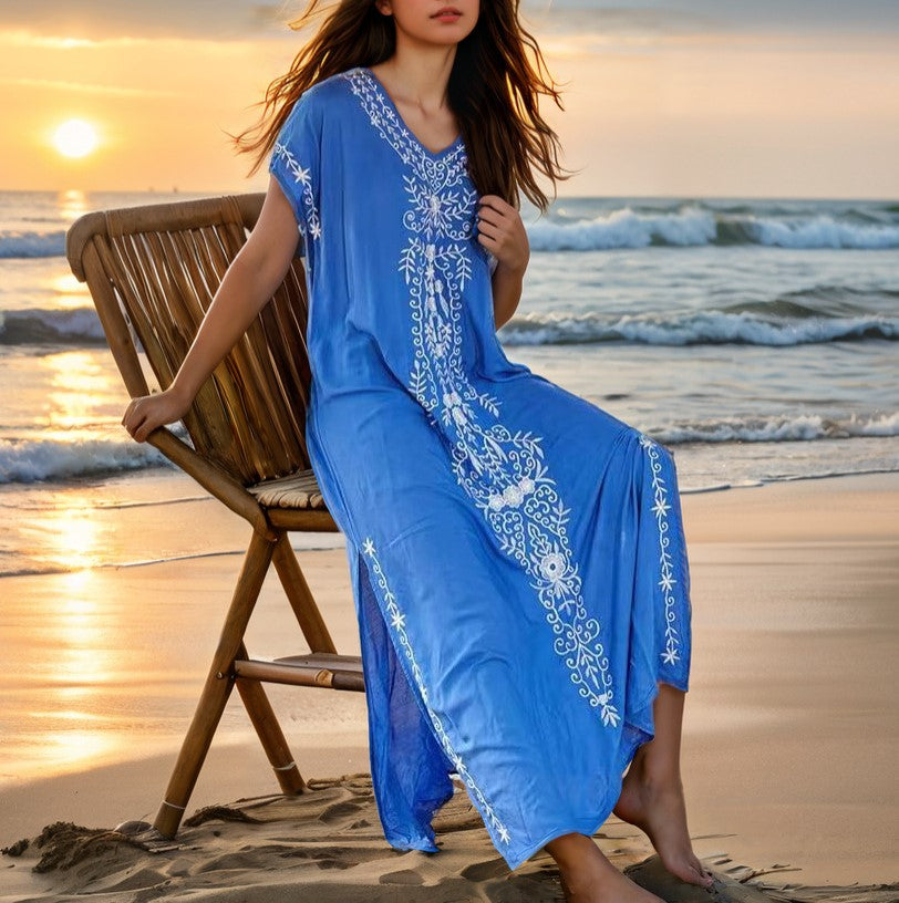 Embroidered Kaftan Maxi Beach Cover Up - Blue