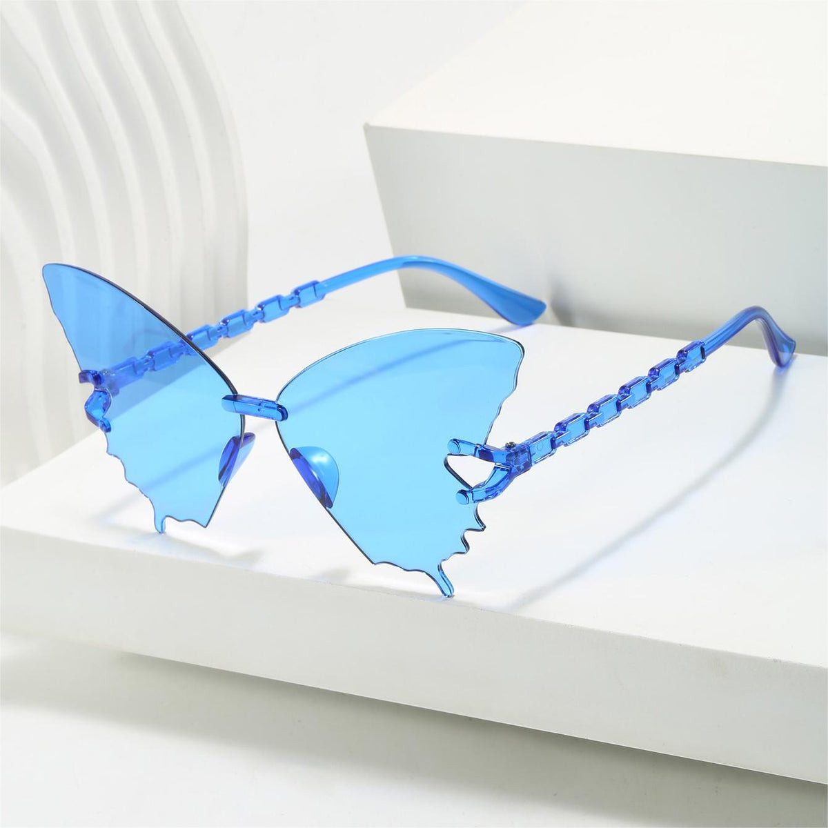 Butterfly Wing Rimless Party Sunglasses - Blue