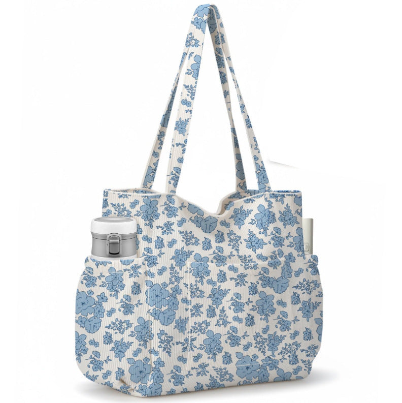 Padded Printed Shoulder Tote Bag With Pockets - Blue