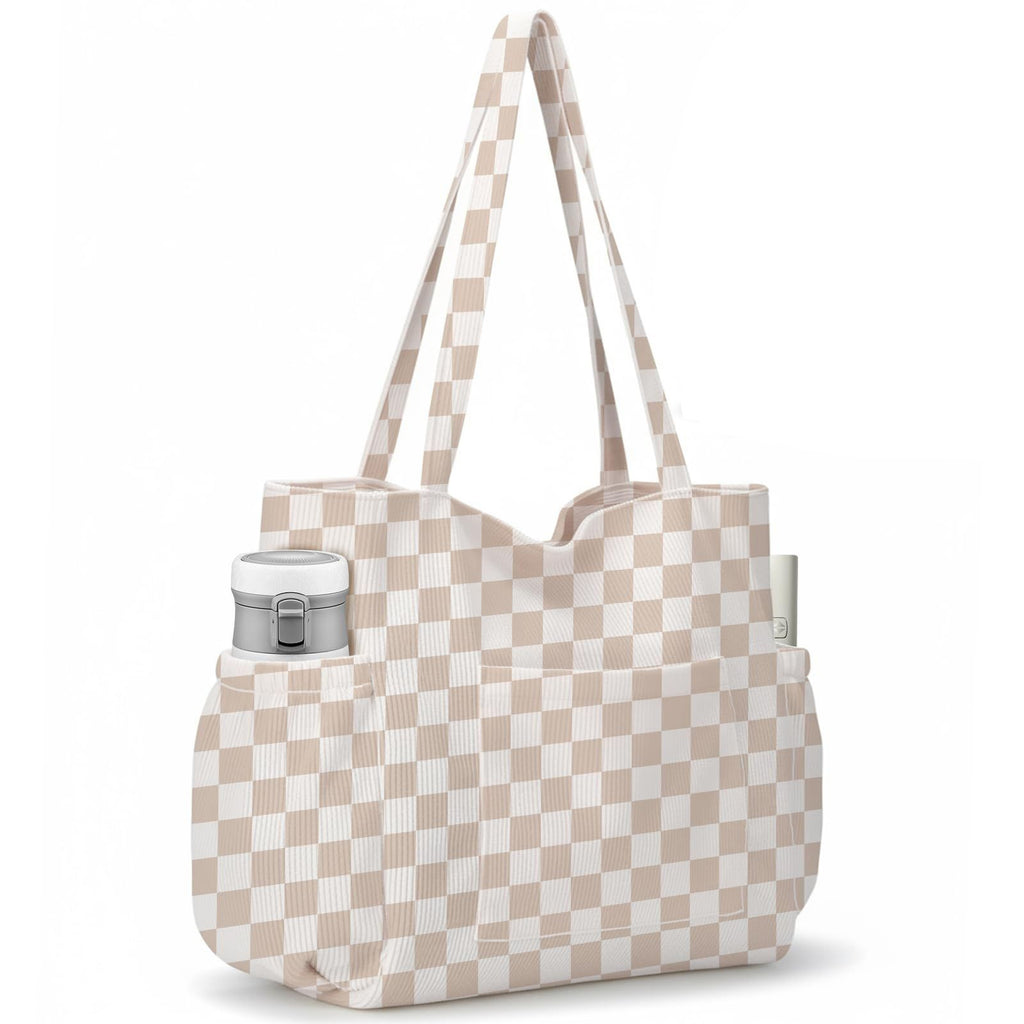 Padded Printed Shoulder Tote Bag With Pockets - BrownGrid