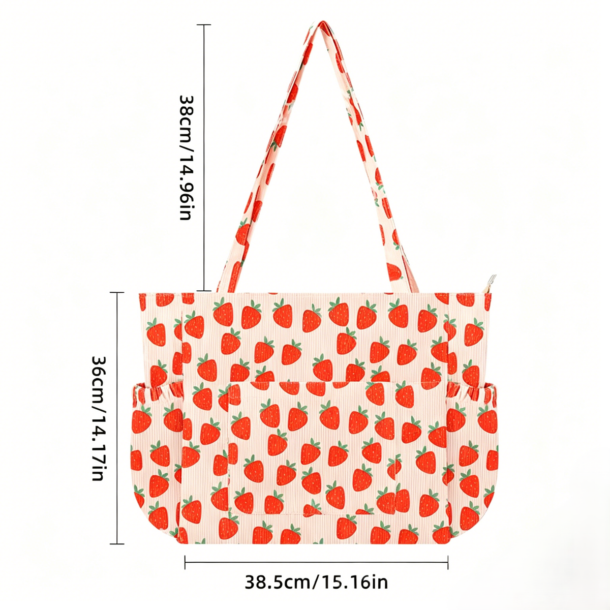 Padded Printed Shoulder Tote Bag With Pockets - Strawberry
