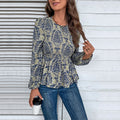Damask Print Smocked Peplum Blouse - Blue