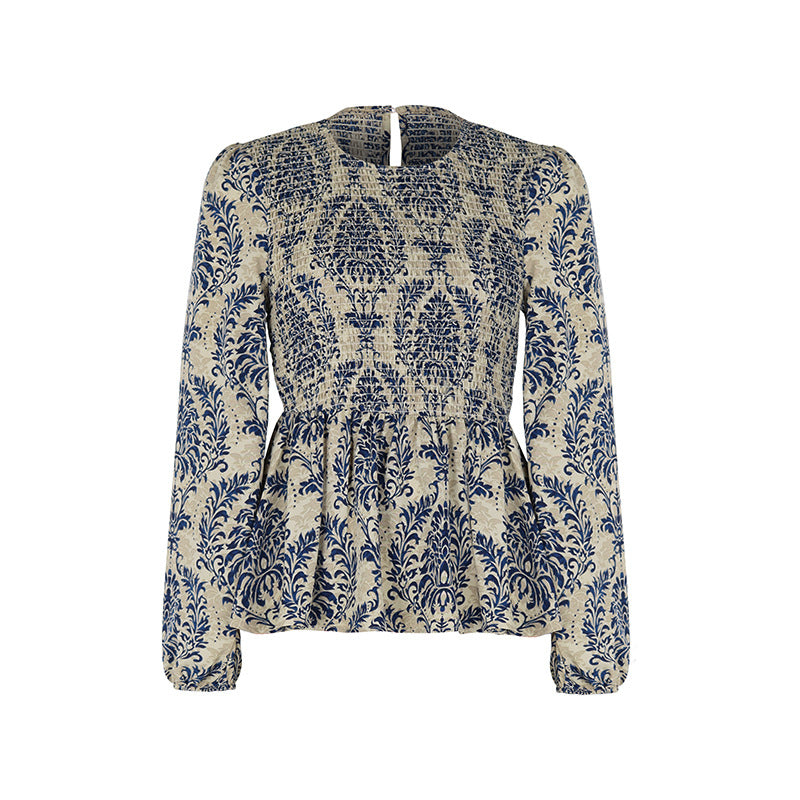 Damask Print Smocked Peplum Blouse - Blue - 1