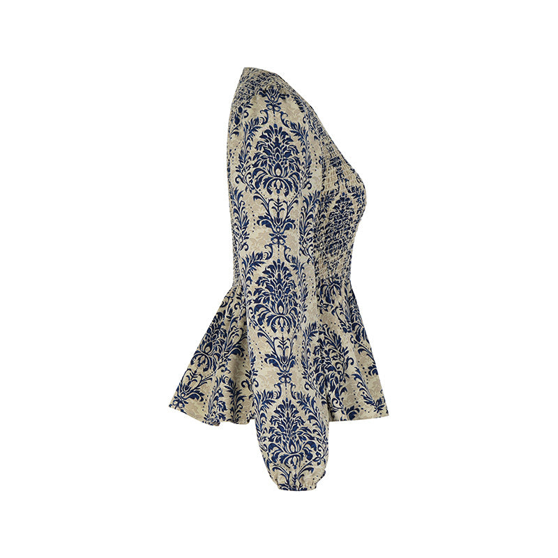 Damask Print Smocked Peplum Blouse - Blue - 2