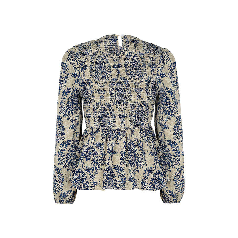 Damask Print Smocked Peplum Blouse - Blue - 3