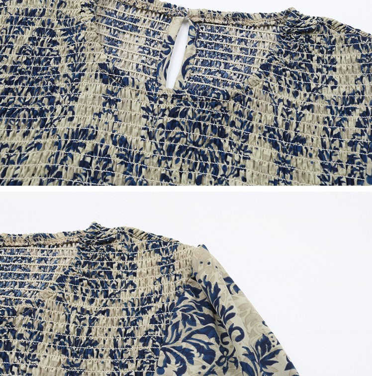Damask Print Smocked Peplum Blouse - Blue - 4