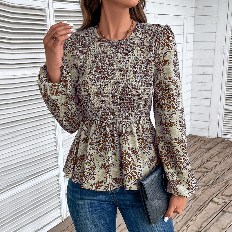 Damask Print Smocked Peplum Blouse - Coffee