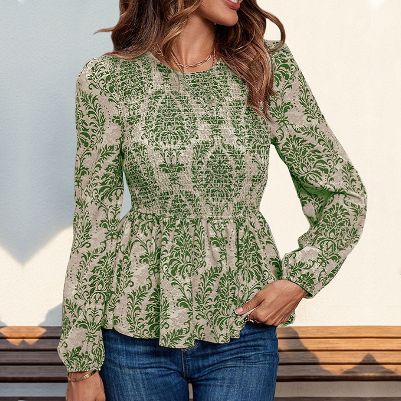 Damask Print Smocked Peplum Blouse - Green