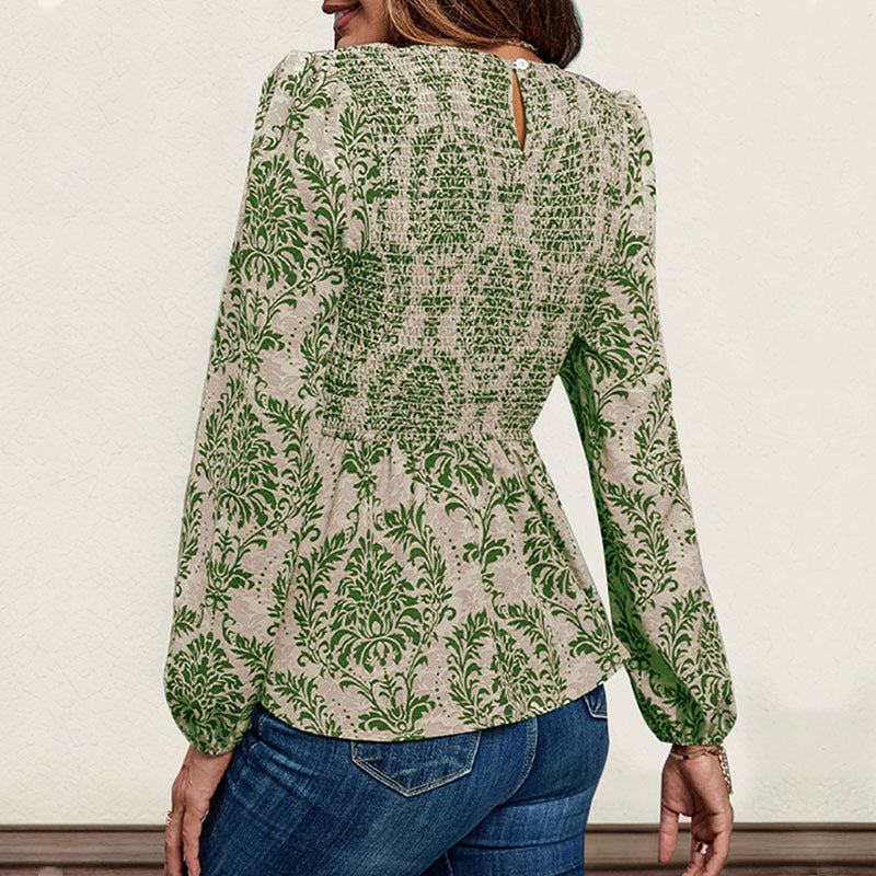 Damask Print Smocked Peplum Blouse - Green - 1