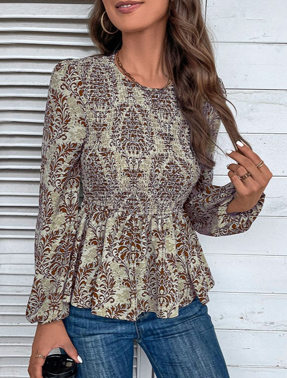 Damask Print Smocked Peplum Blouse