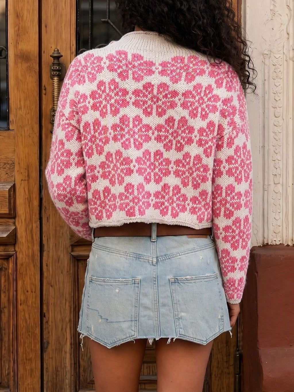 Daisy Jacquard Crewneck Cropped Sweater - red - 1