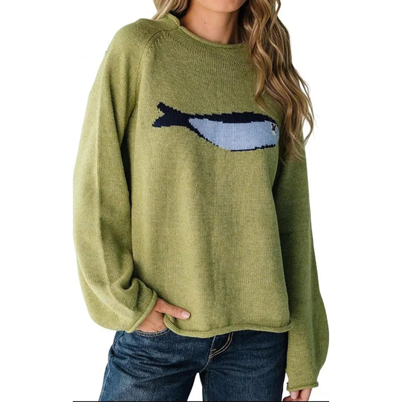 Sardine Fish Intarsia Mock Neck Sweater - Green