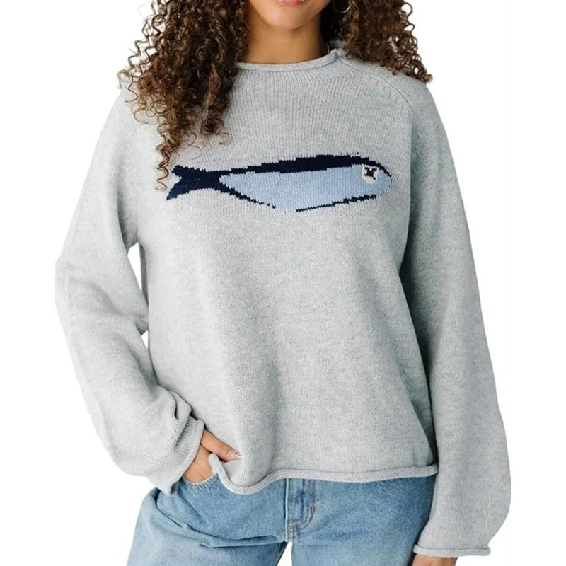 Sardine Fish Intarsia Mock Neck Sweater - Grey