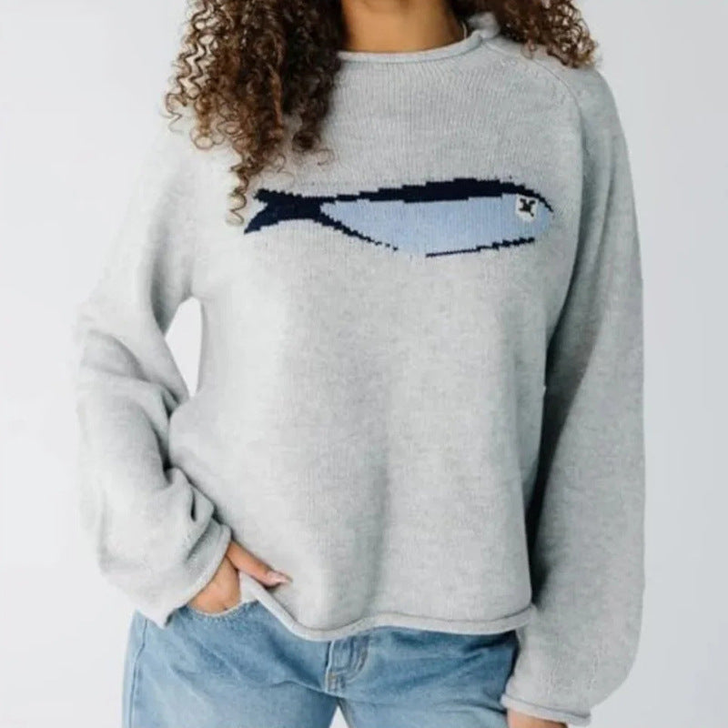 Sardine Fish Intarsia Mock Neck Sweater - Grey - 1
