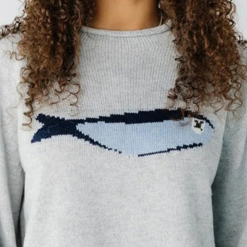 Sardine Fish Intarsia Mock Neck Sweater - Grey - 2