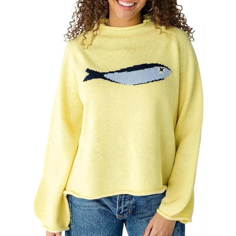 Sardine Fish Intarsia Mock Neck Sweater - Yellow - 1