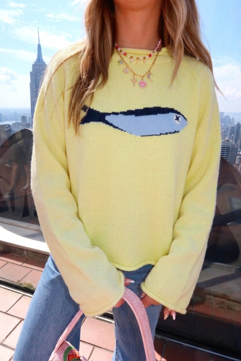 Sardine Fish Intarsia Mock Neck Sweater - Yellow - 2