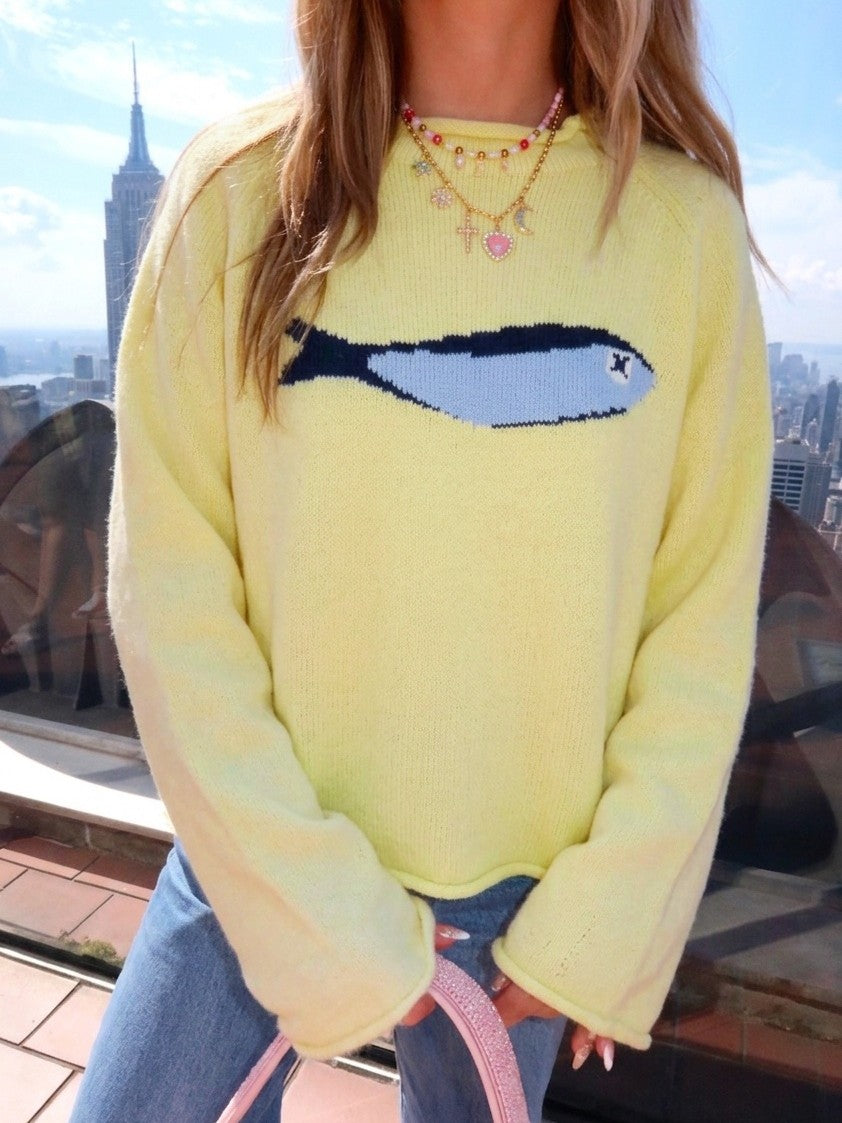 Sardine Fish Intarsia Mock Neck Sweater - Yellow - 3