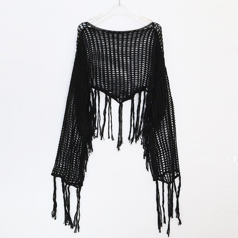 Open Knit Fringe Hem Long Sleeve Top - black