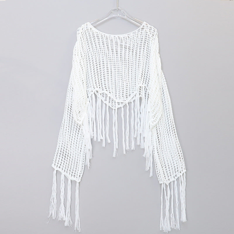 Open Knit Fringe Hem Long Sleeve Top - white