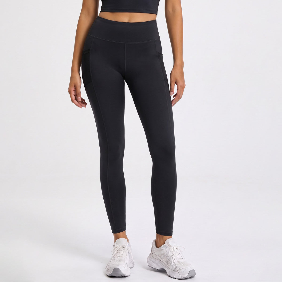 High Waist Contour Seam Mesh Pocket Workout Leggings - Black