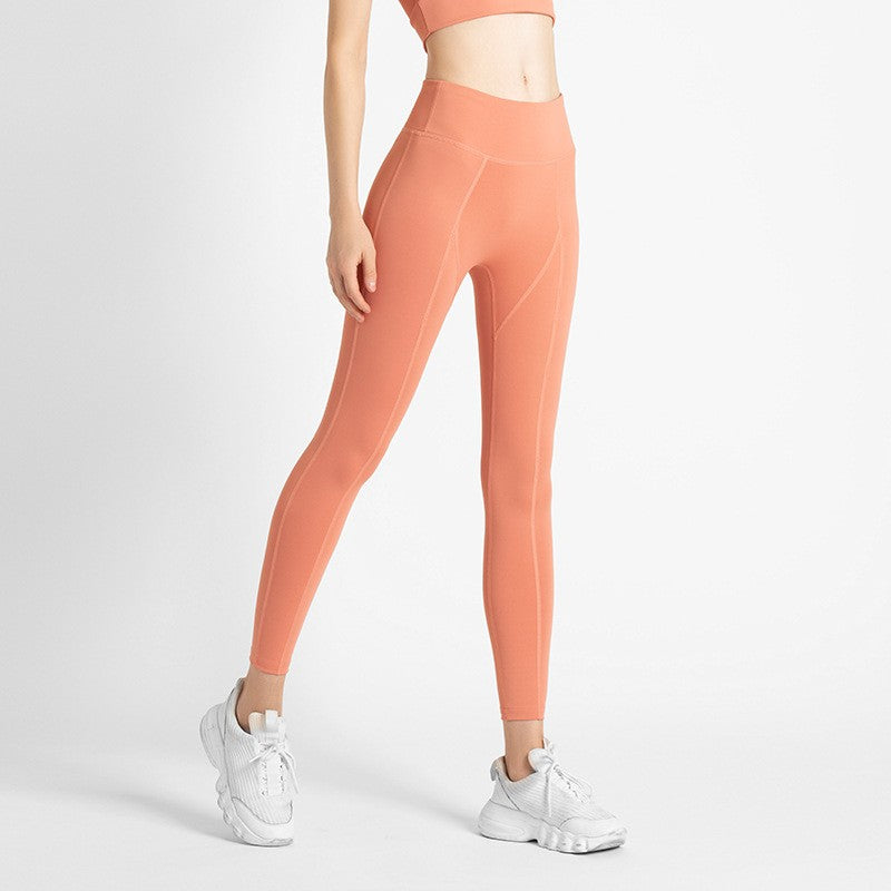 High Waist Contour Seam Mesh Pocket Workout Leggings - Coral