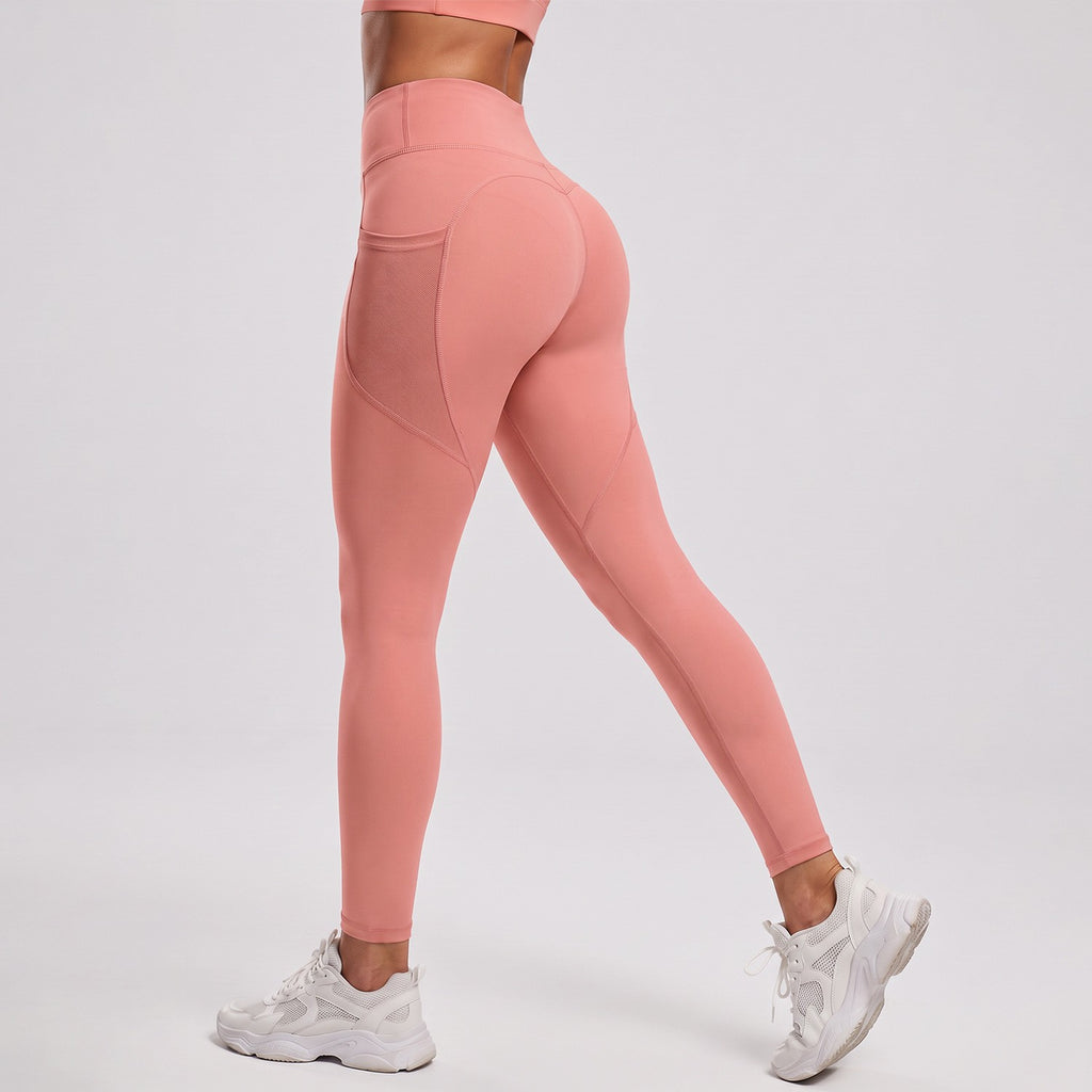 High Waist Contour Seam Mesh Pocket Workout Leggings - Grapefruit Pink