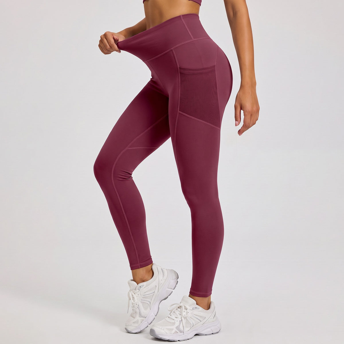 High Waist Contour Seam Mesh Pocket Workout Leggings - Plum Red