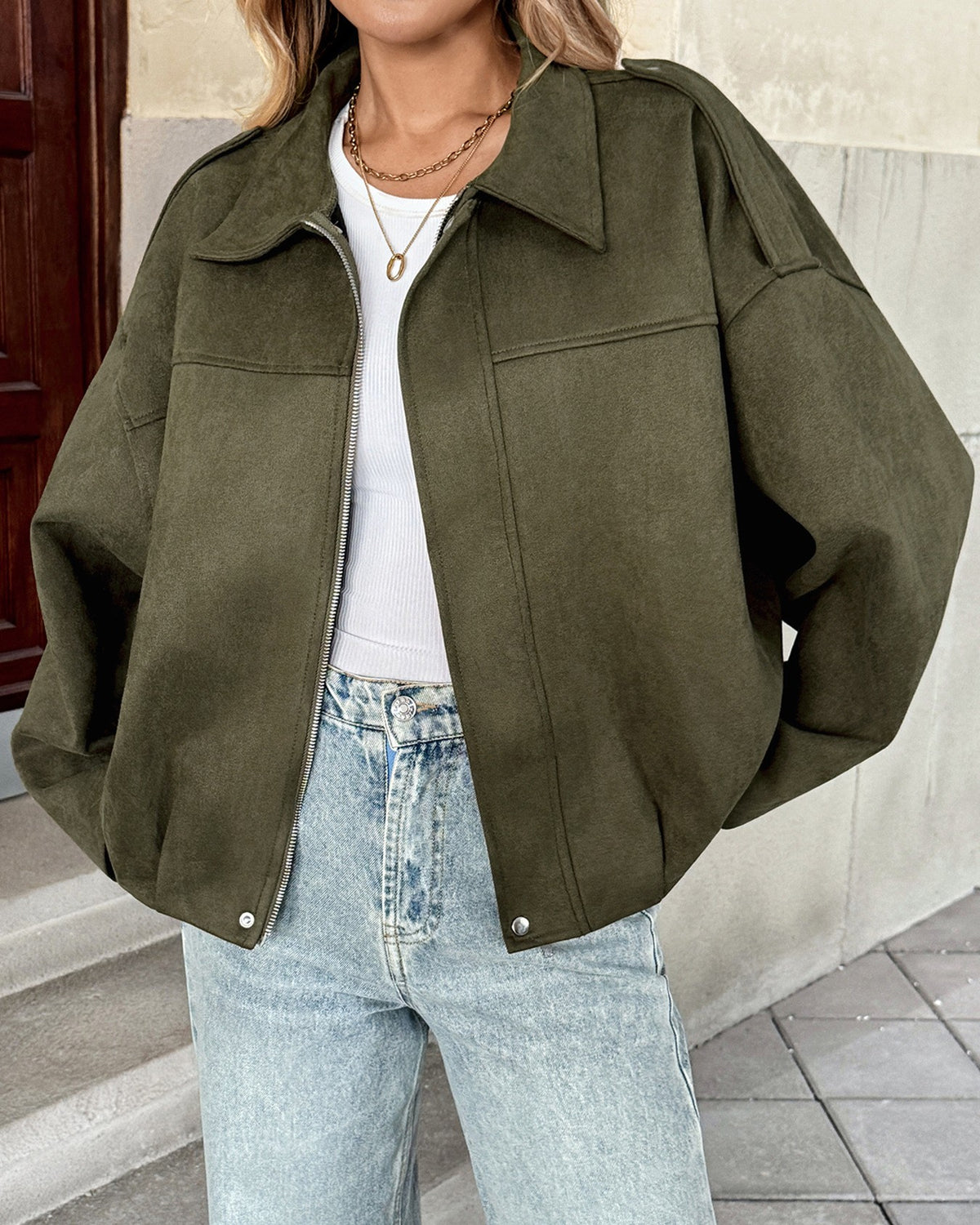 Oversized Suede Effect Collared Zip Jacket - Green - 1